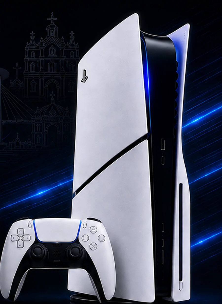 PS5 Slim console and DualSense controller against the Cebu Basilica skyline