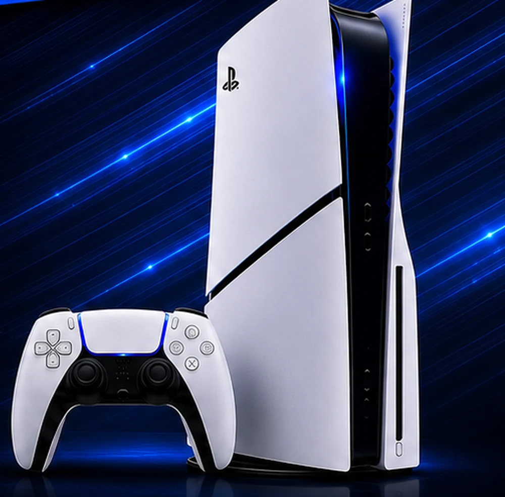 PS5 Slim console standing upright beside a white DualSense wireless controller